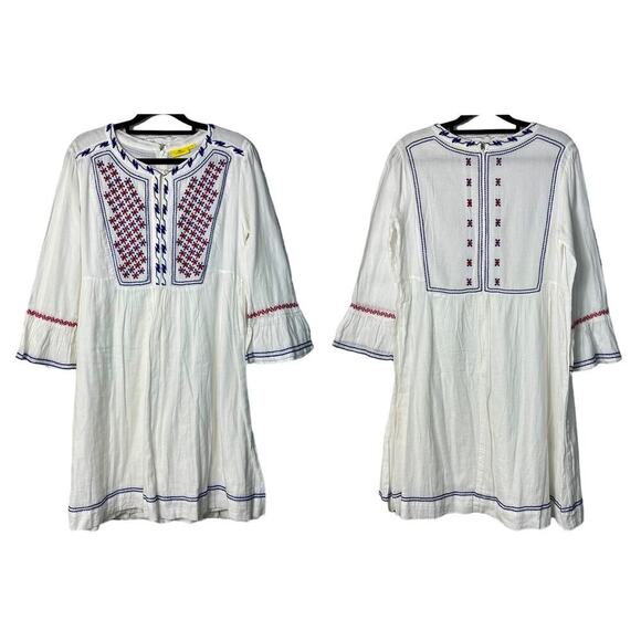 Roller Rabbit Dress Embroidered Cotton Mini Flare 3/4 Sleeve White Blue Pink XS - Picture 1 of 7